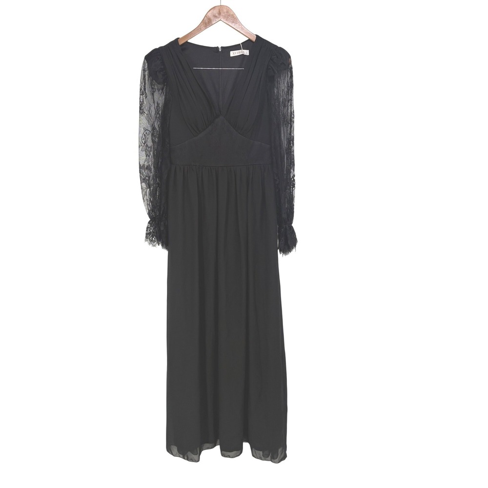 Womens Black Lace Sleeve V-Neck Maxi Dress Evening‎ Gown M Whimsigoth Vamp